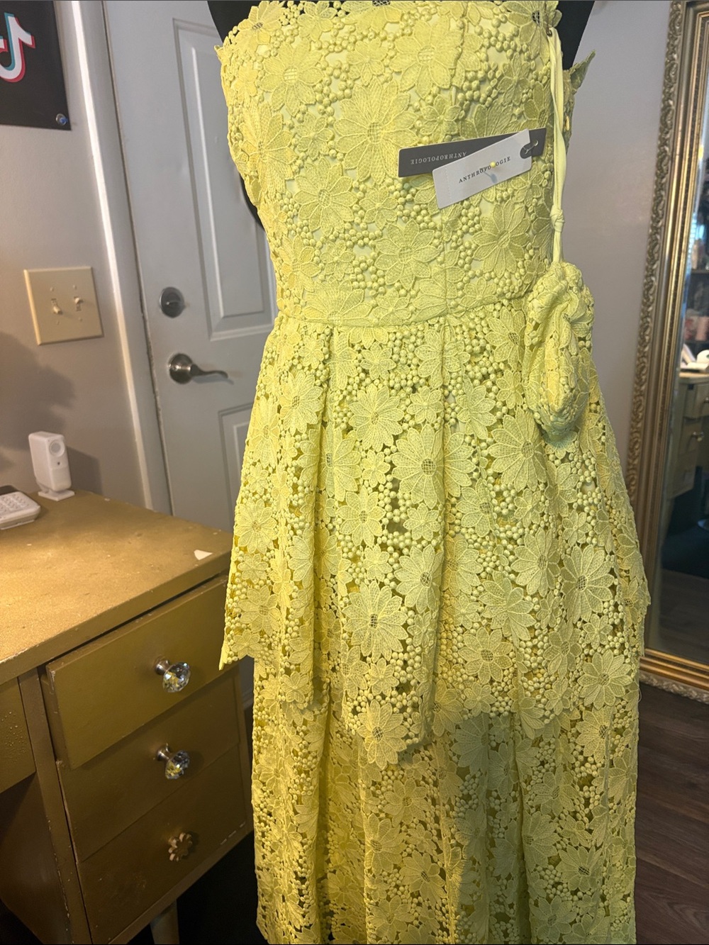 Anthropologie Lemon Yellow Floral Lace Fit-and-Flare Dress